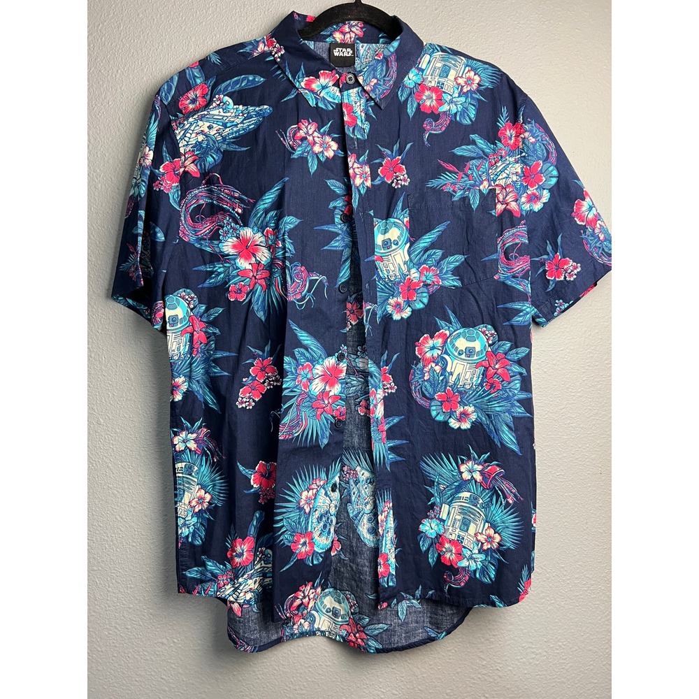 Star Wars Mens Navy Blue Tropical Floral R2-D2 Millennium Falcon Hawaiian Shirt‎